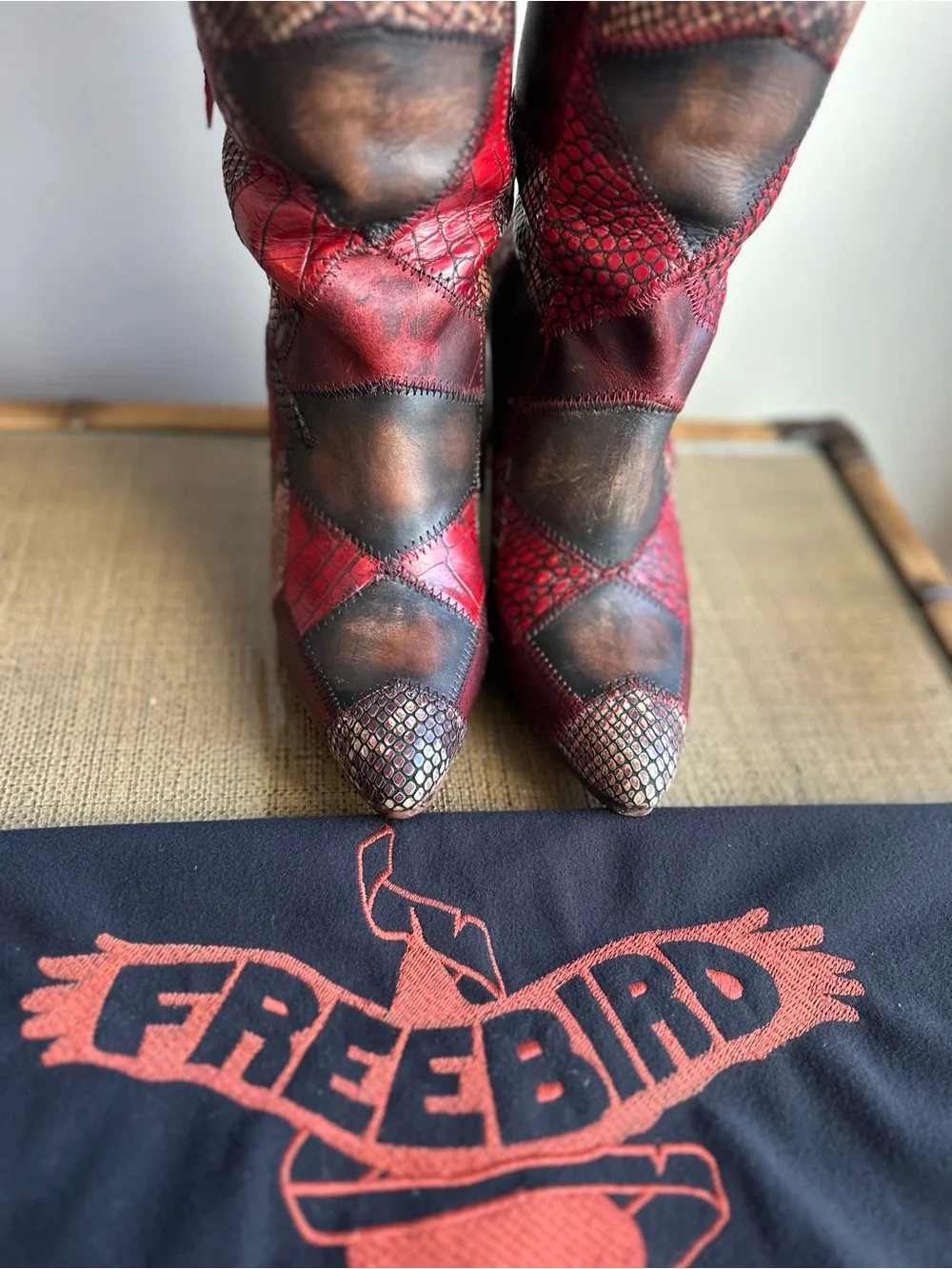 Freebird by Steven Red and Brown Patchwork Over-the-Knee Boots